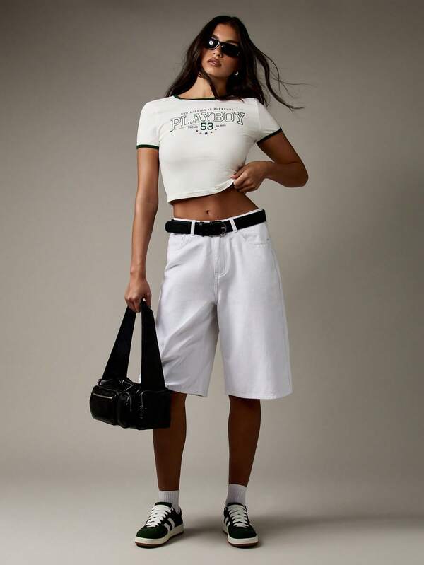 Missguided X Playboy Aesthetic Retro Ringer Varsity Style Collegiate Crop Top