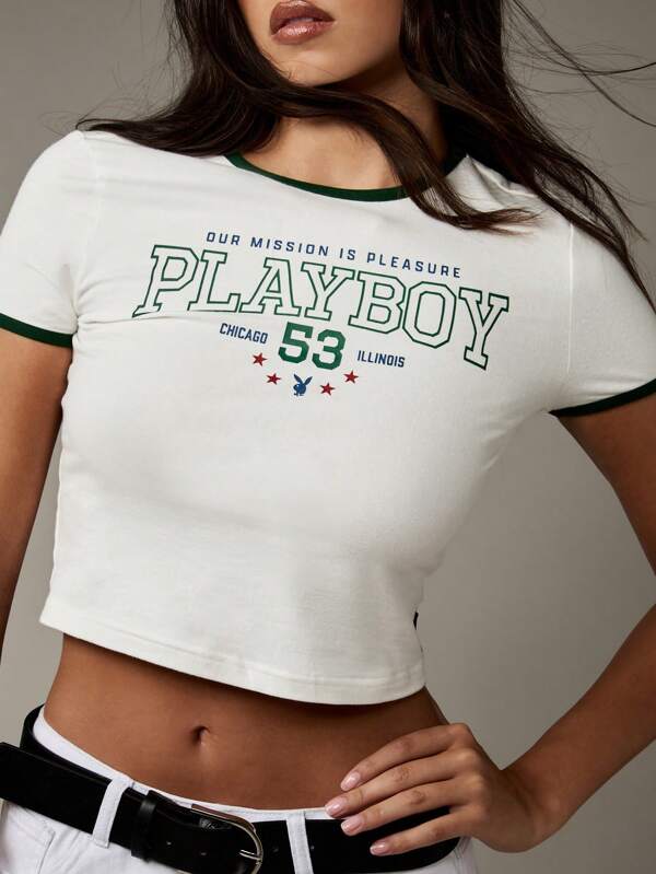 Missguided x Playboy Aesthetic Retro Ringer Varsity Style Collegiate Crop Top