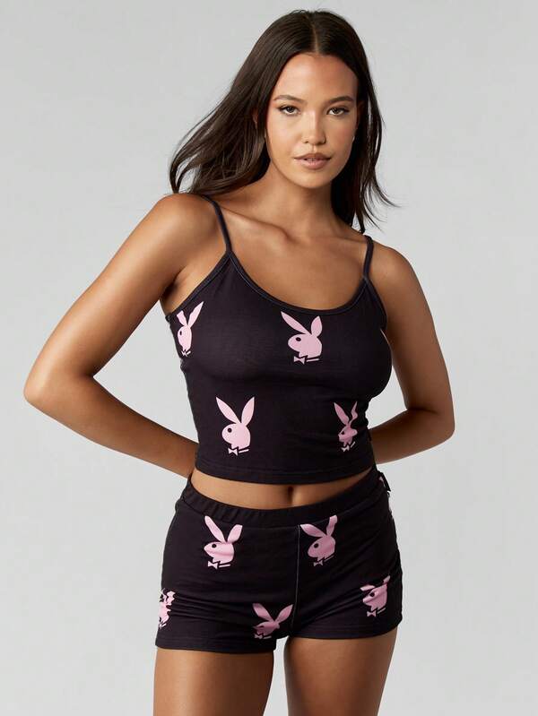 Missguided X Playboy All Over Bunny Print Cami Top And Hot Pants Set