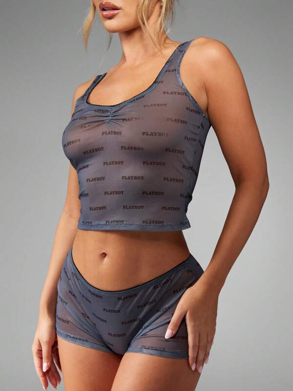 Missguided x Playboy All Over Print Crop Top Boy Shorts Two Piece Set