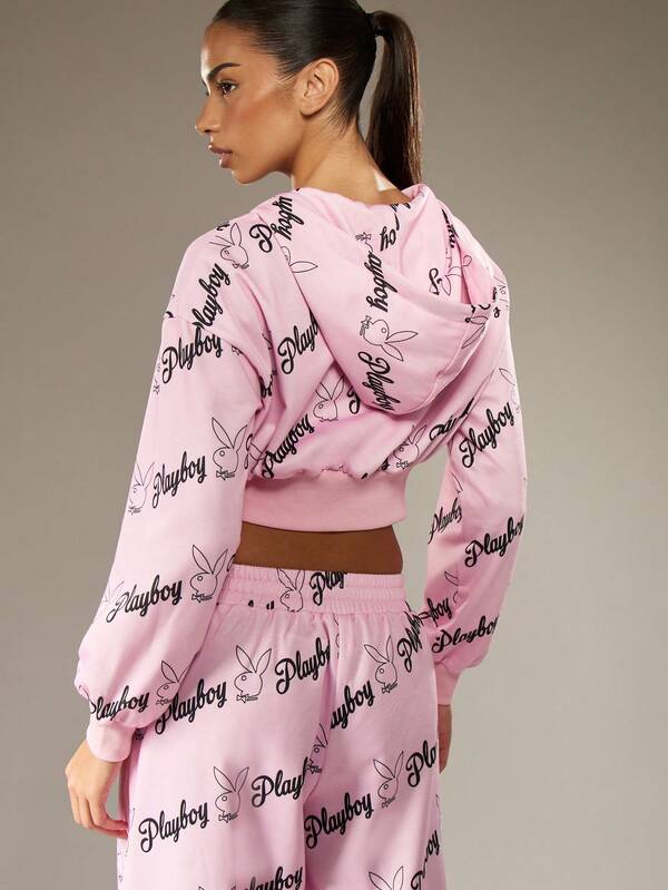 Missguided X Playboy All Over Print Cropped Zip Hoodie With Bunny Logo