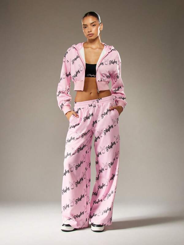 Missguided X Playboy All Over Print Cropped Zip Hoodie With Bunny Logo