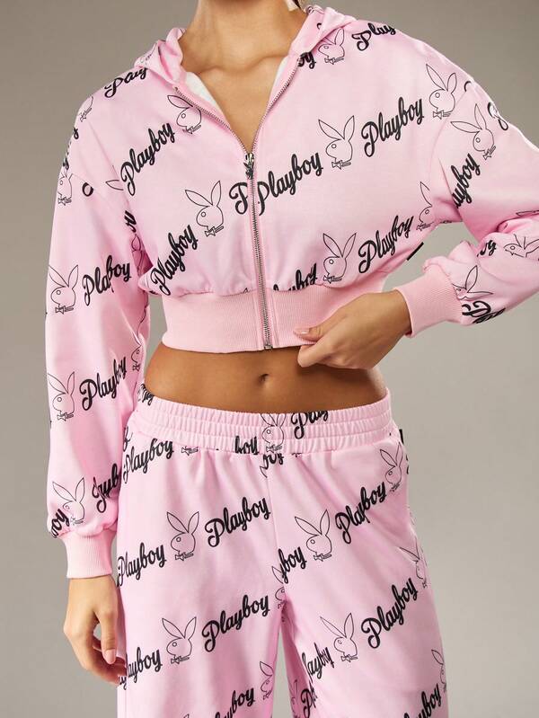 Missguided X Playboy All Over Print Cropped Zip Hoodie With Bunny Logo