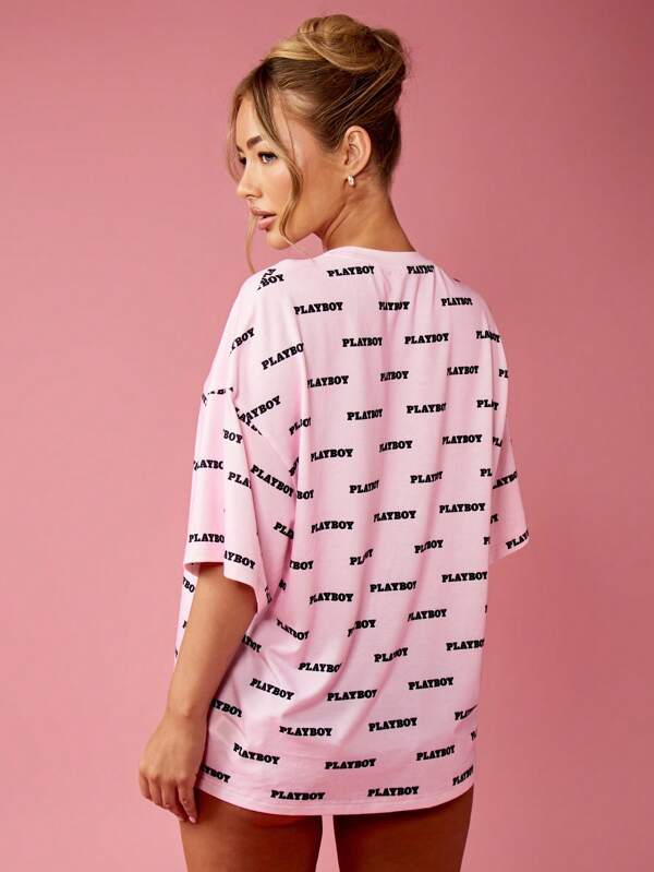 Missguided X Playboy All Over Print Oversized T-Shirt Street Style Urban Casual