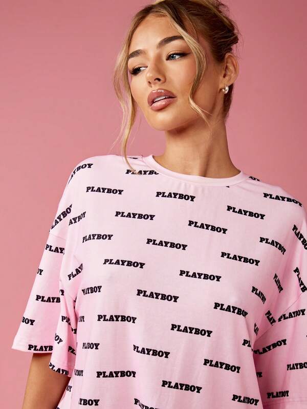 Missguided X Playboy All Over Print Oversized T-Shirt Street Style Urban Casual