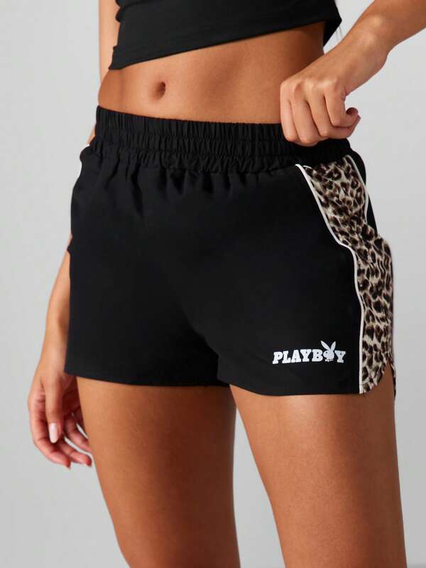 Missguided x Playboy Athletic Shorts With Leopard Print Panel