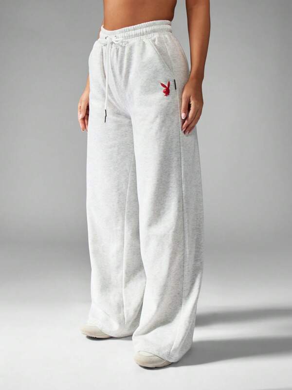 Missguided X Playboy Athletic Wide Leg Soft Drawstring Elastic Waist Comfort Sweatpants