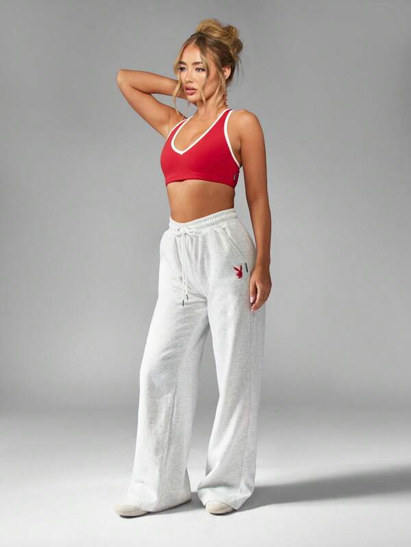 Missguided X Playboy Athletic Wide Leg Soft Drawstring Elastic Waist Comfort Sweatpants