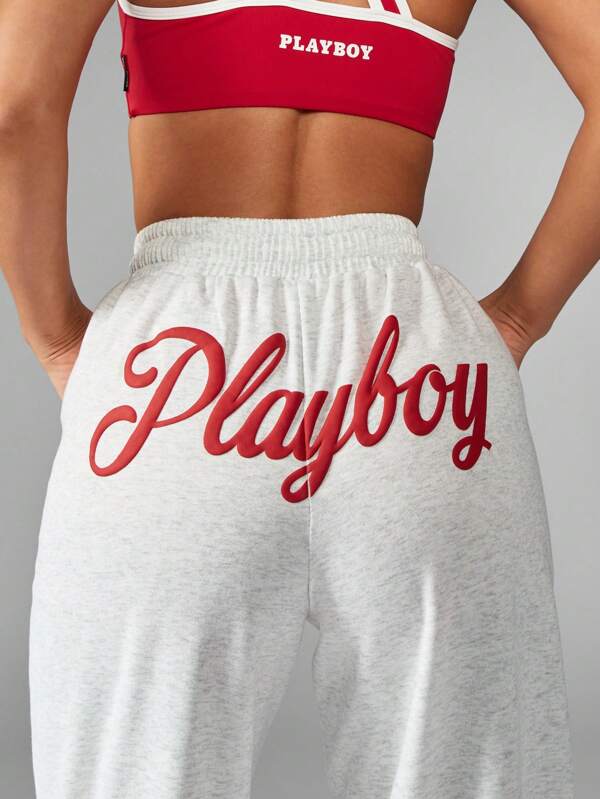 Missguided X Playboy Athletic Wide Leg Soft Drawstring Elastic Waist Comfort Sweatpants