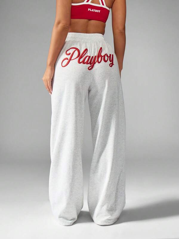 Missguided x Playboy Athletic Wide Leg Soft Drawstring Elastic Waist Comfort Sweatpants