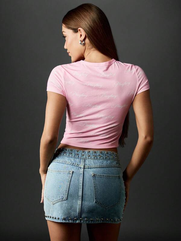 Missguided X Playboy Baby Tee Script Logo Crop Top With Fitted Design