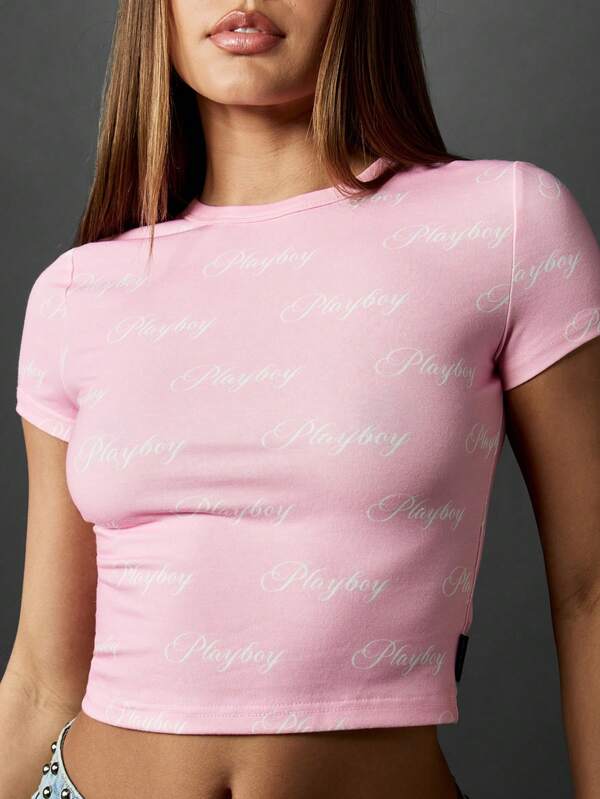 Missguided X Playboy Baby Tee Script Logo Crop Top With Fitted Design