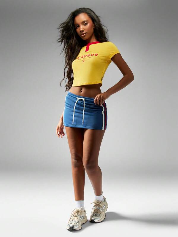 Missguided X Playboy Baby Tee With Henley Neck And Graphic Print