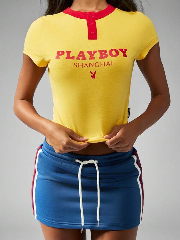 Missguided x Playboy Baby Tee With Henley Neck And Graphic Print