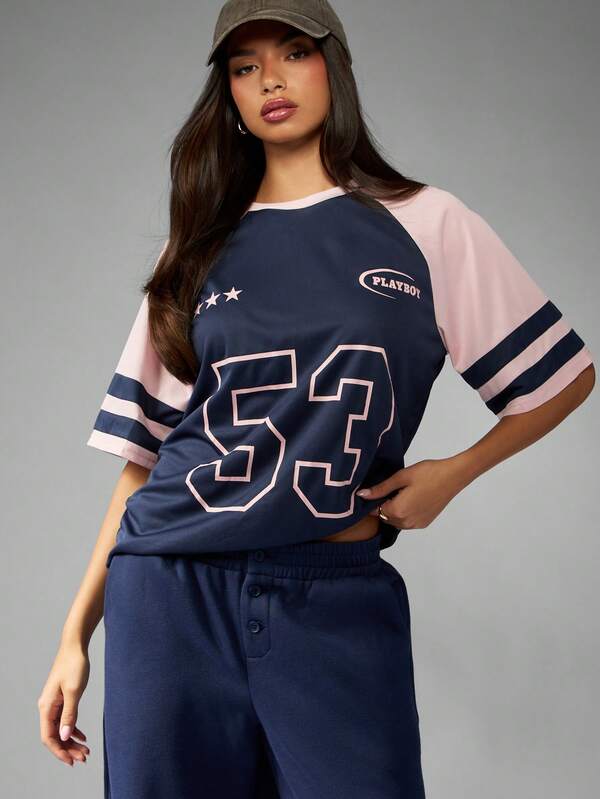 Missguided x Playboy Baseball Style Raglan T-Shirt With Number Print