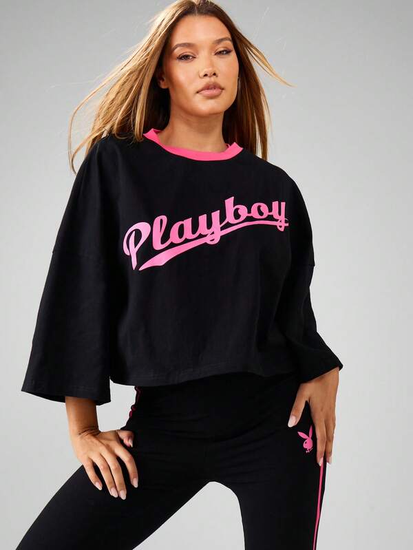 Missguided X Playboy Bell Sleeve Crop Top And High Rise Leggings Coord