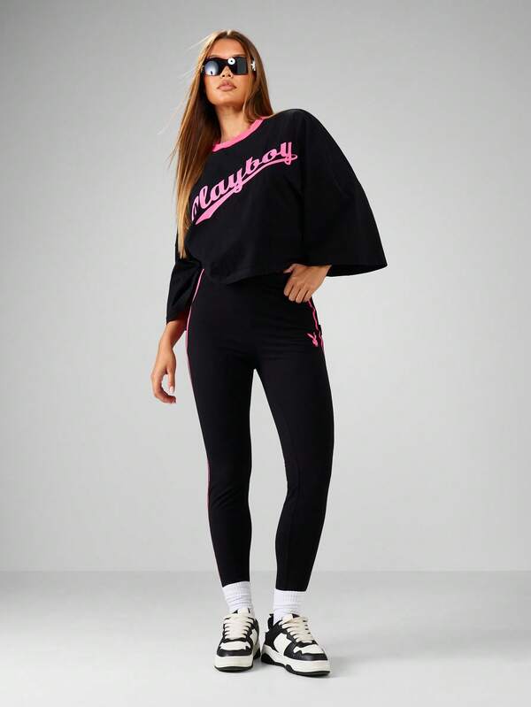 Missguided x Playboy Bell Sleeve Crop Top And High Rise Leggings Coord