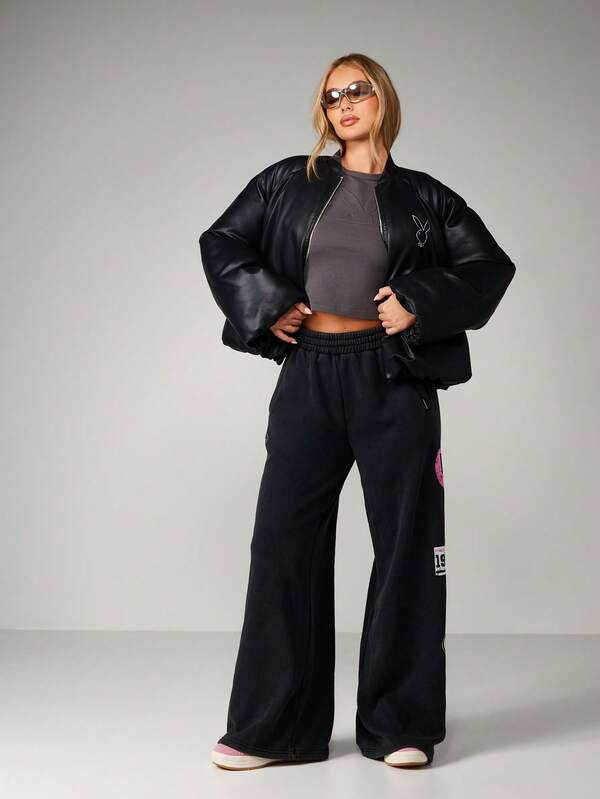 Missguided X Playboy Black Leather Bomber Jacket With Embroidered Logo