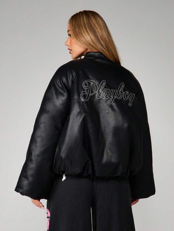 Missguided X Playboy Black Leather Bomber Jacket With Embroidered Logo