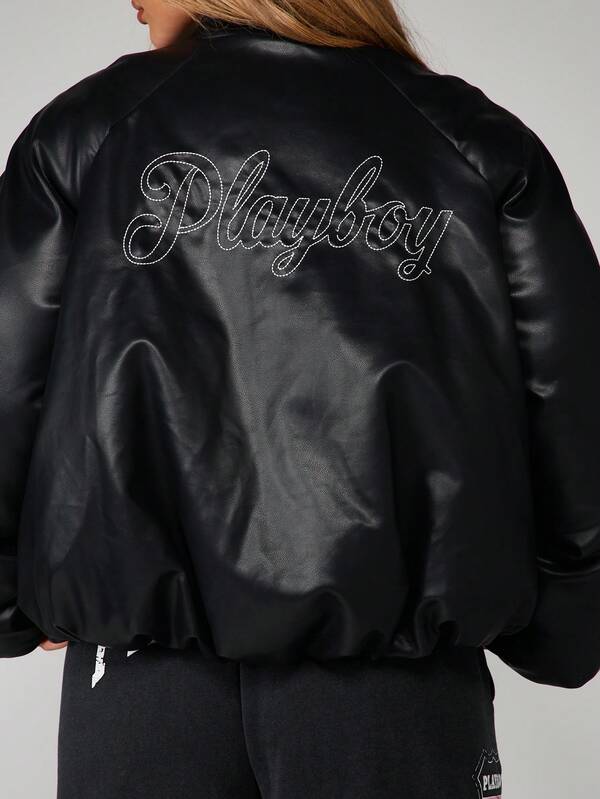 Missguided x Playboy Black Leather Bomber Jacket With Embroidered Logo