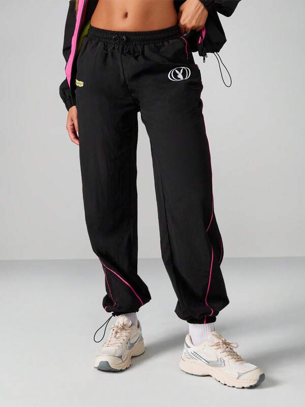 Missguided X Playboy Black Track Pants With Neon Piping And Logo Print