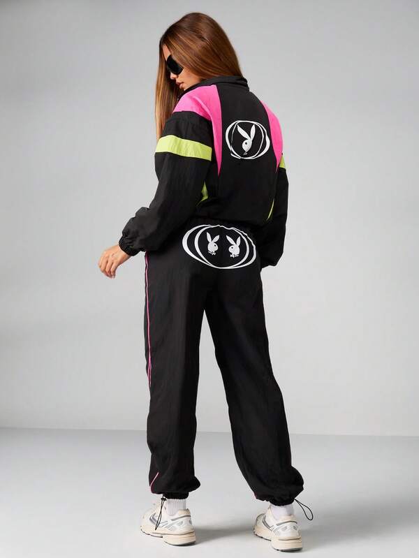Missguided X Playboy Black Track Pants With Neon Piping And Logo Print