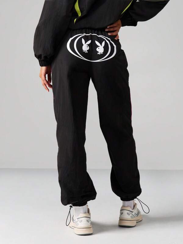 Missguided x Playboy Black Track Pants With Neon Piping And Logo Print