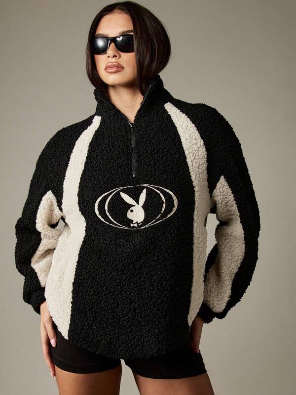 Missguided x Playboy Borg Half-Zip Sweatshirt With Contrast Detailing