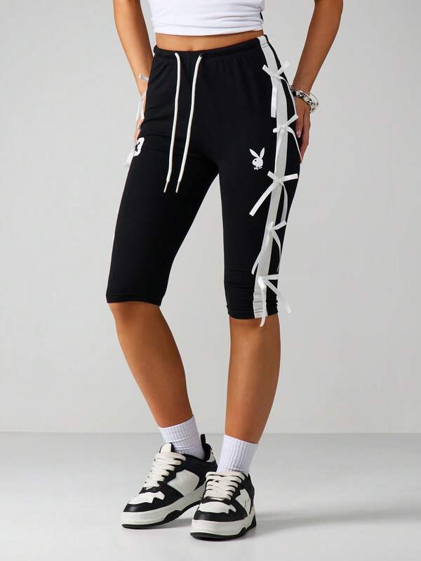 Missguided x Playboy Bow Detail Capri Shorts With Lace Ties