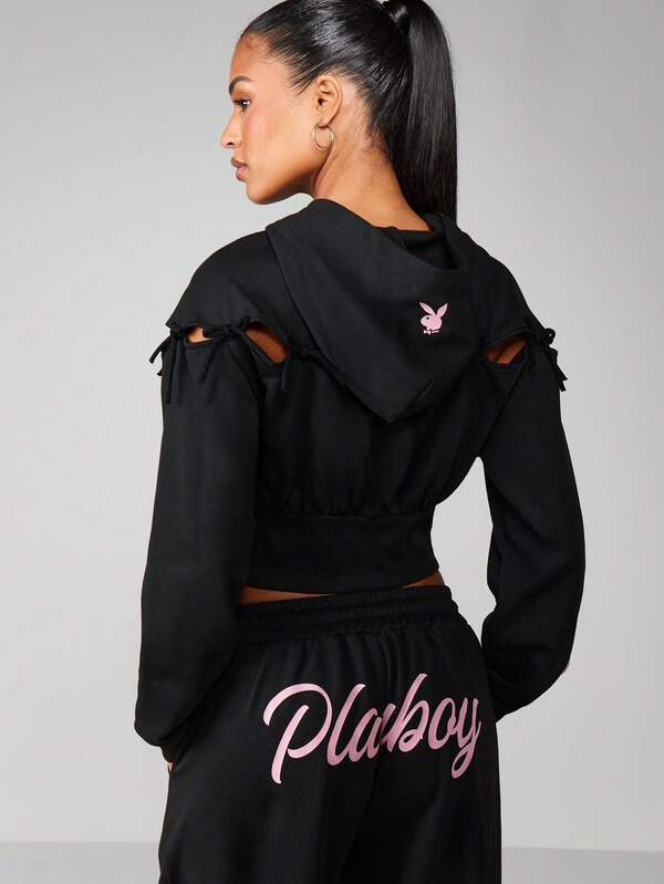 Missguided X Playboy Bow Detail Zip Front Hoodie With Cutout