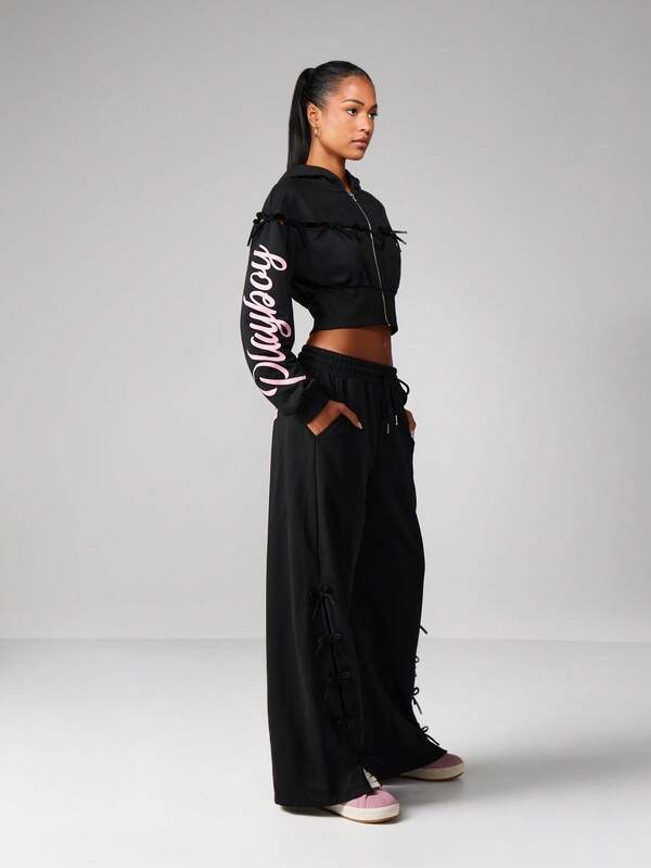 Missguided X Playboy Bow Detail Zip Front Hoodie With Cutout