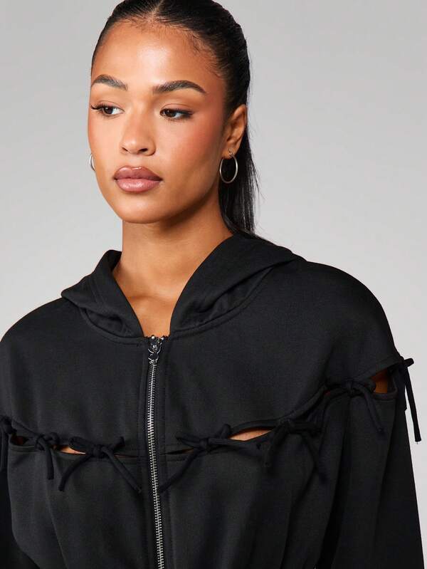 Missguided X Playboy Bow Detail Zip Front Hoodie With Cutout