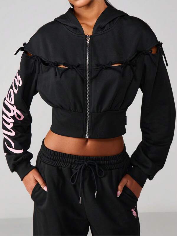 Missguided x Playboy Bow Detail Zip Front Hoodie With Cutout