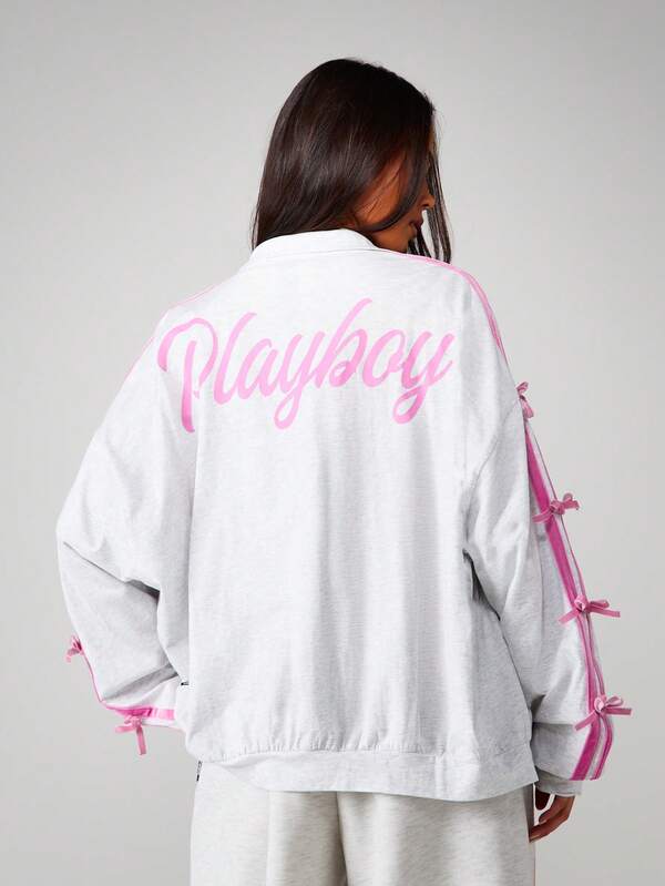 Missguided X Playboy Bow Detail Zip Through Sweatshirt With Ribbon Sleeves