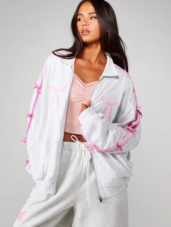 Missguided X Playboy Bow Detail Zip Through Sweatshirt With Ribbon Sleeves