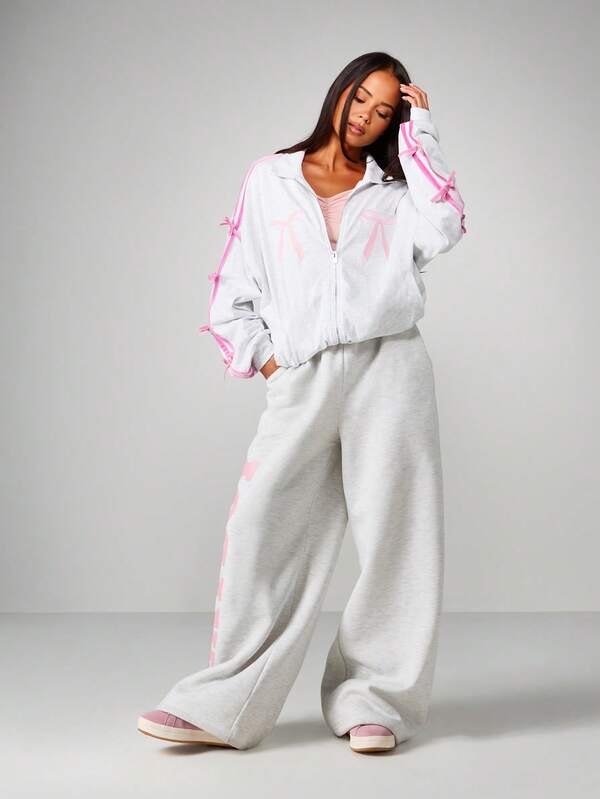 Missguided X Playboy Bow Detail Zip Through Sweatshirt With Ribbon Sleeves