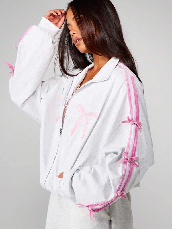 Missguided x Playboy Bow Detail Zip Through Sweatshirt With Ribbon Sleeves