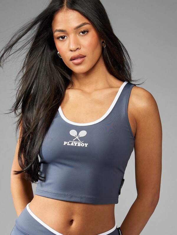 Missguided X Playboy Bra Style Crop Tank Top With Logo And Contrast Binding