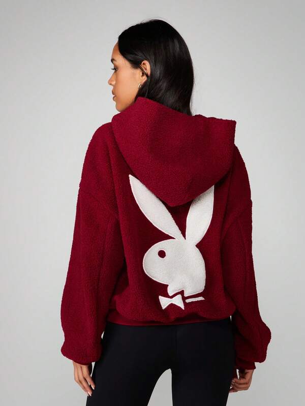 Missguided X Playboy Brand Logo Bunny Head Back Placement Borg Graphic Hoodie