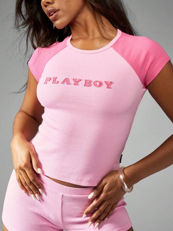 Missguided x Playboy Branded Contrast Raglan Short Sleeves Ribbed Baby Tee