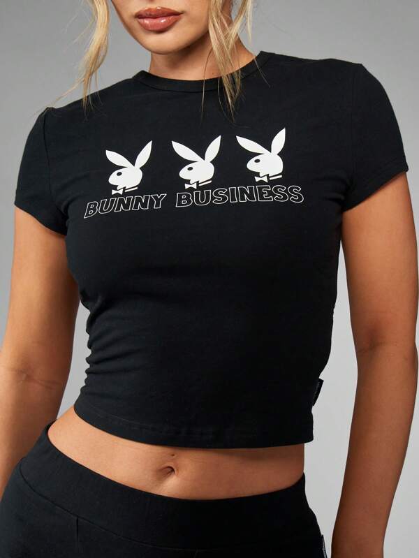 Missguided X Playboy Bunny Business Logo Print Cropped Short Sleeve Baby Tee