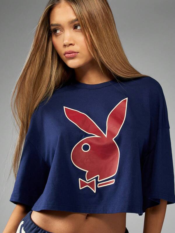 Missguided X Playboy Bunny Crop T-Shirt Navy Blue Oversized Short Sleeve