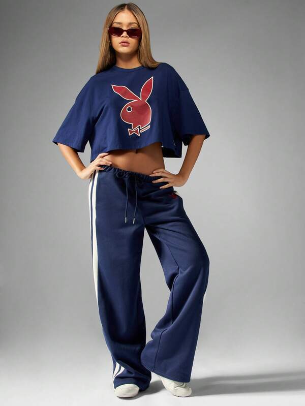 Missguided X Playboy Bunny Crop T-Shirt Navy Blue Oversized Short Sleeve
