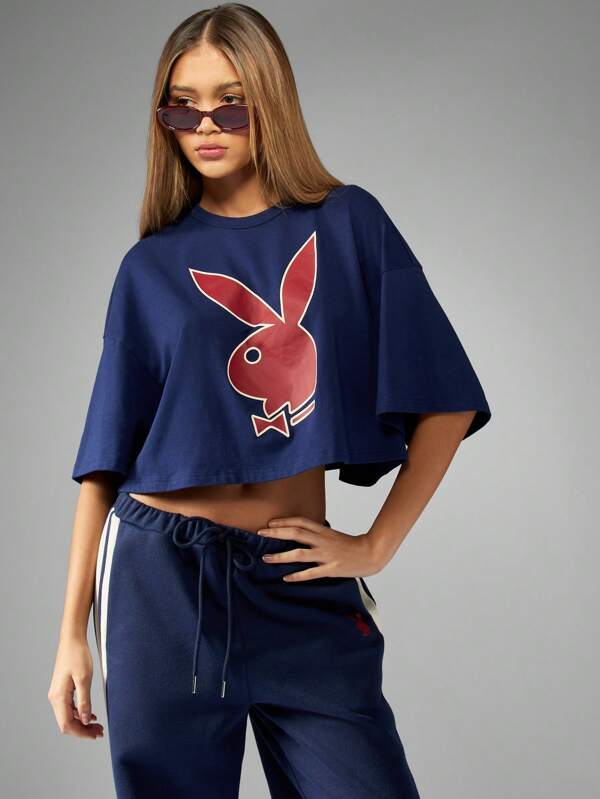 Missguided x Playboy Bunny Crop T-Shirt Navy Blue Oversized Short Sleeve