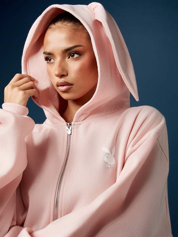 Missguided X Playboy Bunny Ear Zip Through Hoodie With Rabbit Hood Design