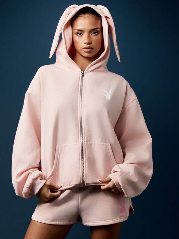 Missguided x Playboy Bunny Ear Zip Through Hoodie With Rabbit Hood Design