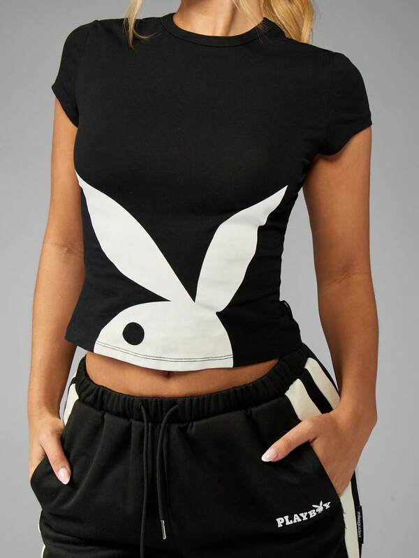 Missguided X Playboy Bunny Graphic Crop Short Sleeve Fitted T-Shirt