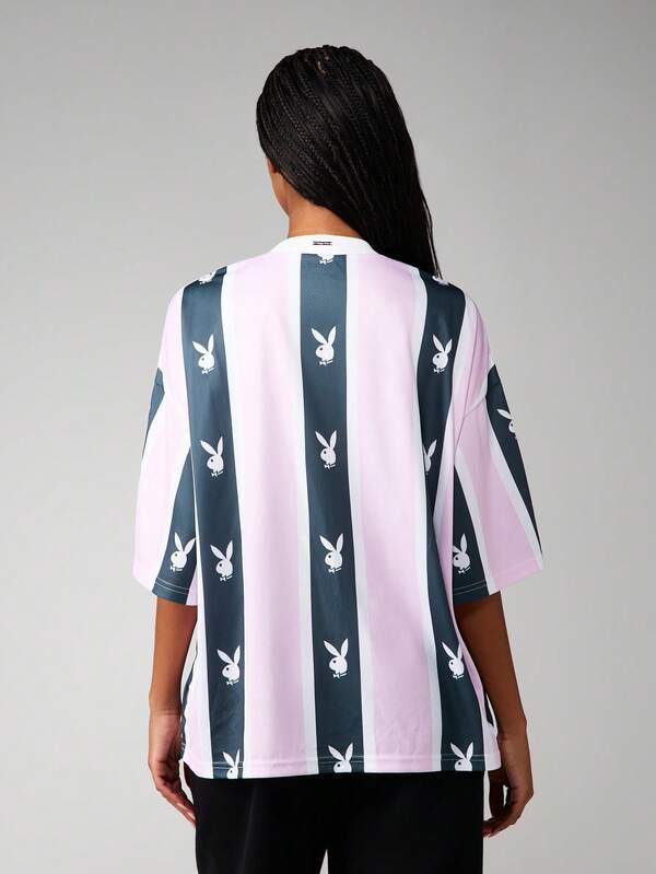 Missguided X Playboy Bunny Head Stripe Oversized V-Neck Football Jersey Tee