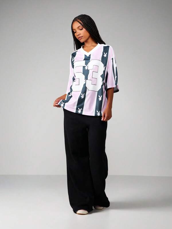 Missguided X Playboy Bunny Head Stripe Oversized V-Neck Football Jersey Tee