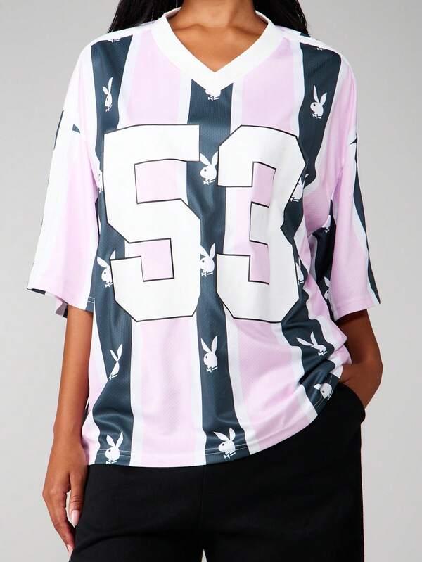 Missguided X Playboy Bunny Head Stripe Oversized V-Neck Football Jersey Tee